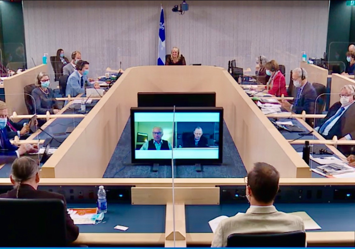 Special consultations in Quebec's National Assembly of Quebec. Members, wearing face masks, sit at desks positioned into rectangle, separated by plexiglass. Quebec flag is position in background. Two people tune in through video conference, on the TV in the centre of the room.