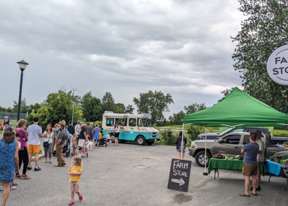 In a parking lot, to the left, a long line of people waits for ice cream from a truck, and too the right a green tent covering fruits and vegetables.